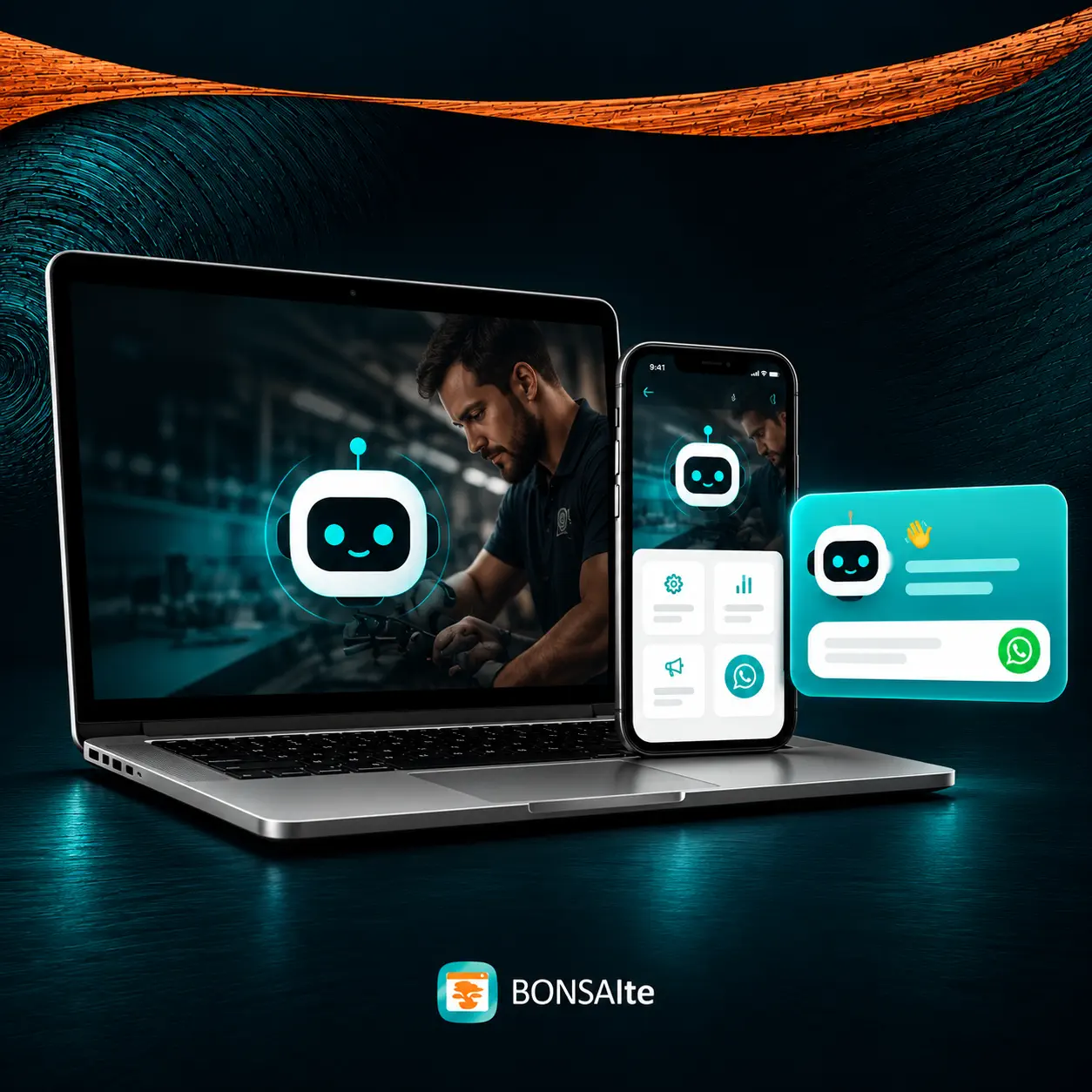 Imagem de produto da BONSAIte com notebook e smartphone exibindo soluções digitais, interface de chatbot com IA e botão de WhatsApp, em visual tecnológico nas cores azul e laranja, com a logomarca da BONSAIte na parte inferior