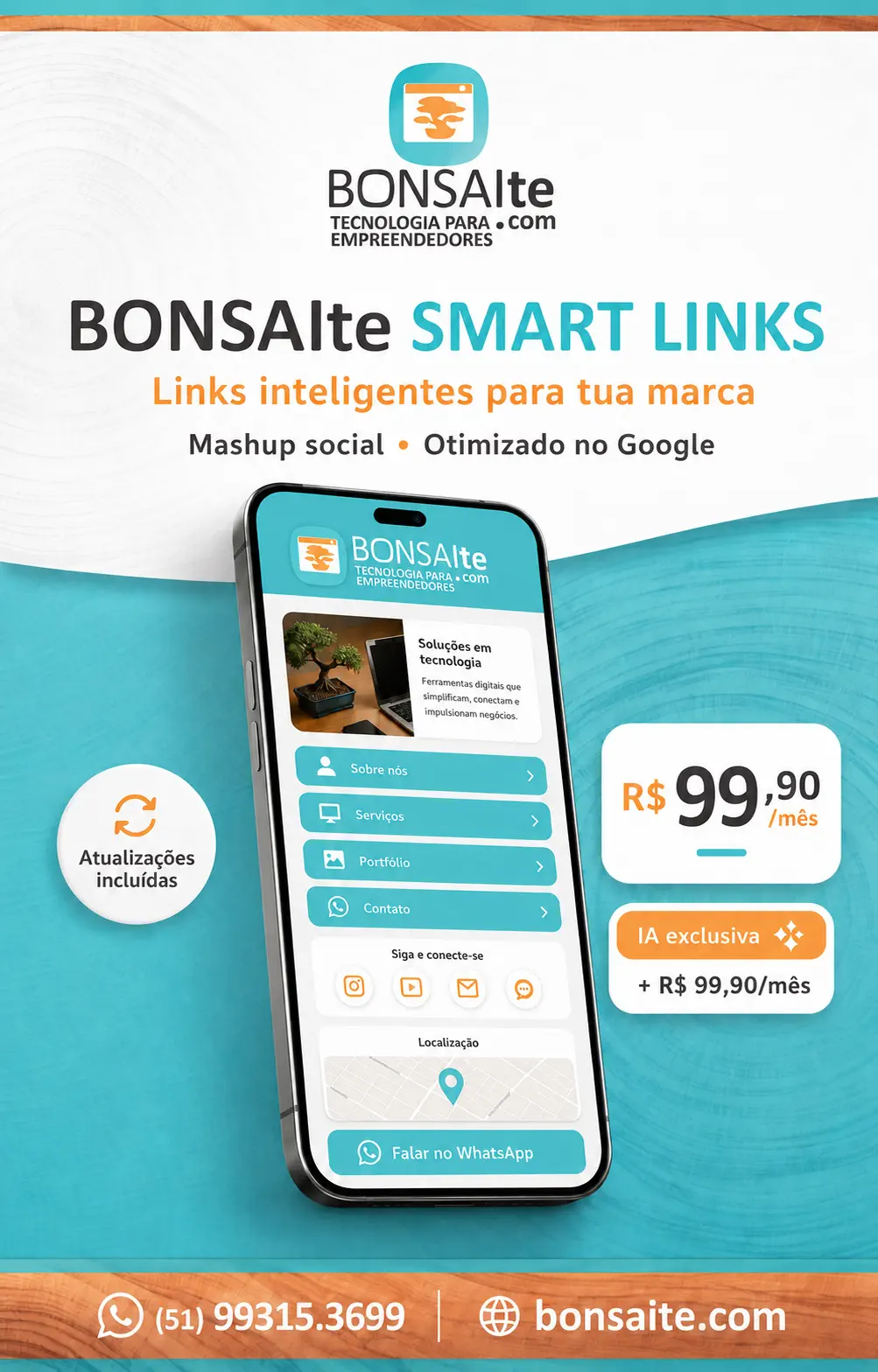 BONSAIte Smart Links, página de links personalizada, links inteligentes, link na bio, link na bio profissional, página para Instagram, otimização no Google, presença digital, minissite, mashup social, vídeos do Instagram, avaliações do Google, iFood, WhatsApp Business, assistente de IA, inteligência artificial para empresas, marketing digital, site para empresas, Porto Alegre